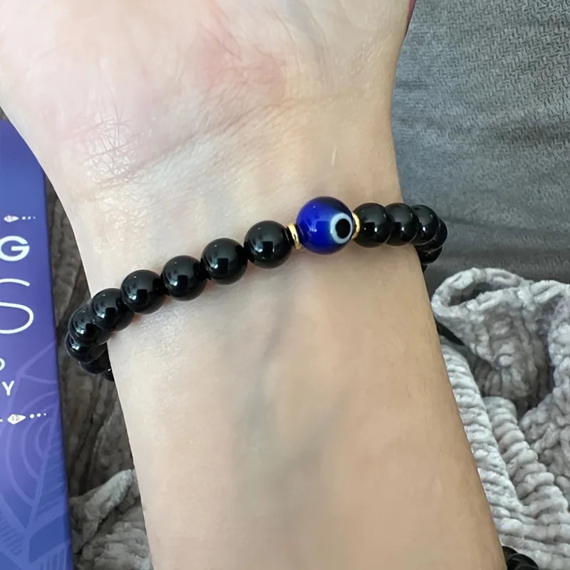 Pulsera de Turmalina Negra Natural & Ojo Protector