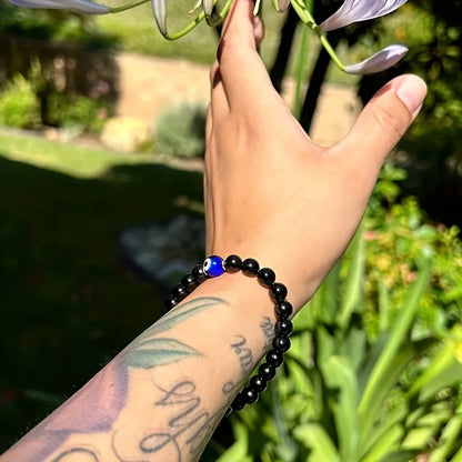 Pulsera de Turmalina Negra Natural & Ojo Protector