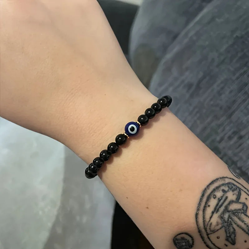 Pulsera de Turmalina Negra Natural & Ojo Protector