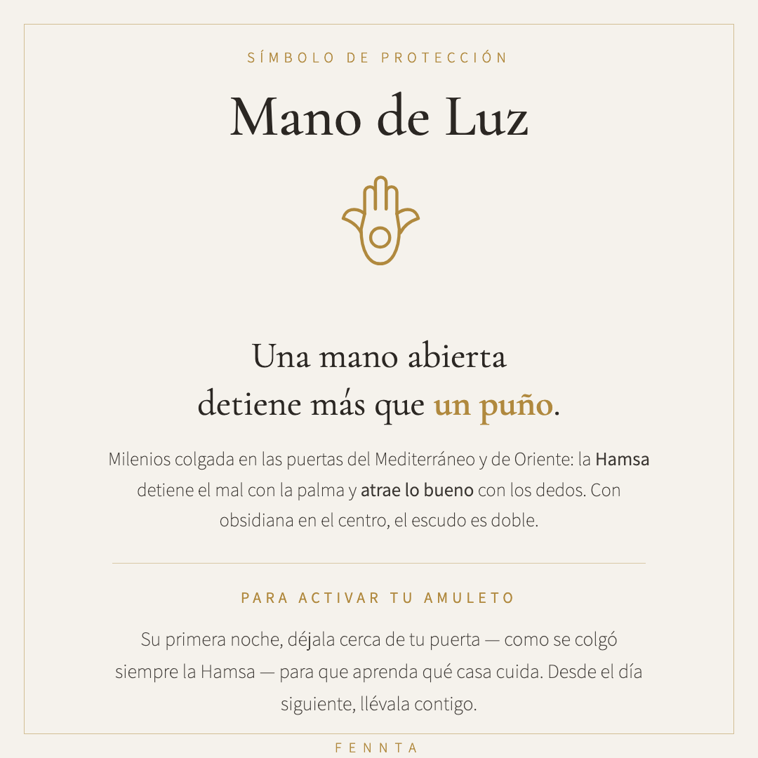 Mano de Luz: una mano abierta detiene más que un puño — significado de la Hamsa y ritual de activación del amuleto con obsidiana
