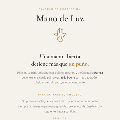 Mano de Luz: una mano abierta detiene más que un puño — significado de la Hamsa y ritual de activación del amuleto con obsidiana