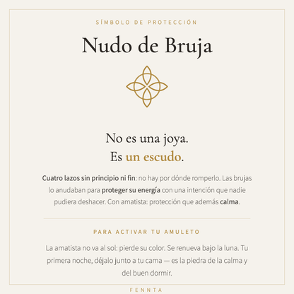 Nudo de Bruja con Amatista: no es una joya, es un escudo — significado del símbolo de protección y ritual de activación del amuleto