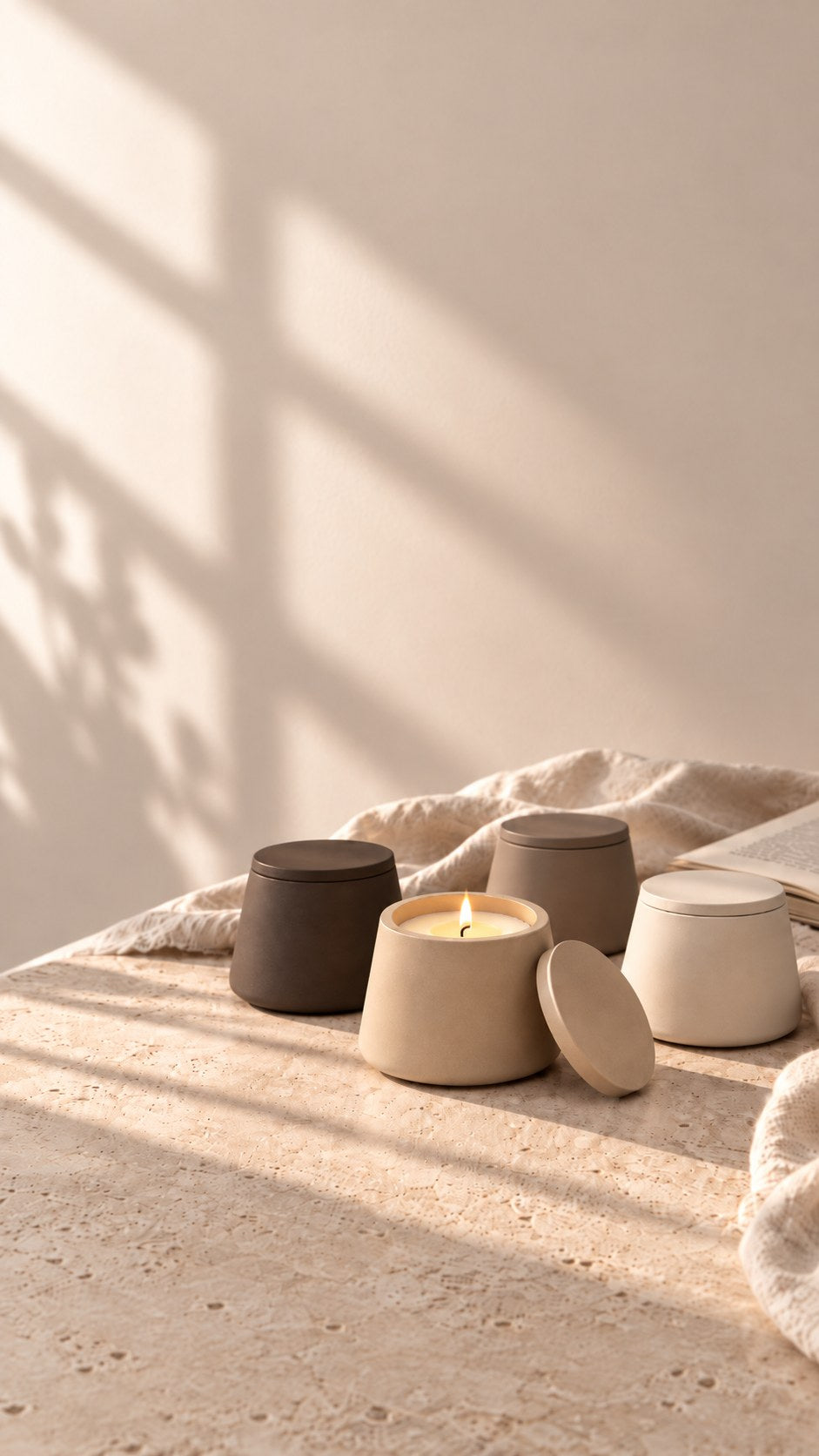 4 velas FENNTA en vasos lisos de cemento mate, una encendida, con luz dorada de ventana