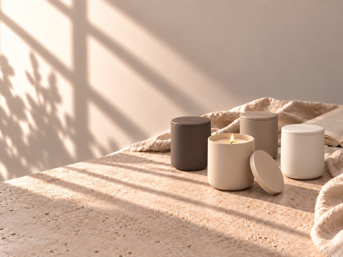 Velas FENNTA en tarros de cerámica mate con tapa